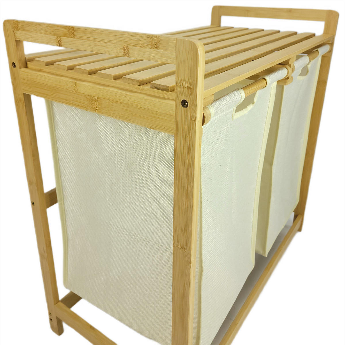 WÄSCHEKORB Bambus Textil Beige Naturfarben 2 Kammern 70x35x68 cm - Beige/Naturfarben, Holz/Textil (70/68/36.5cm) - Begryf