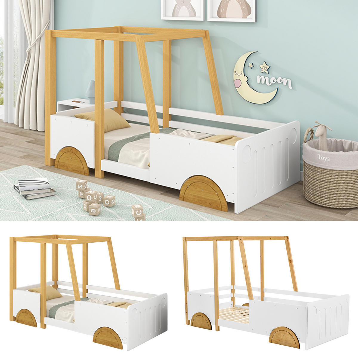 DETSKÁ posteľ 90/200 cm biela s prírodnou a hnedou z masívneho dreva a MDF v tvare auta s ochrannými zábranami - biela, drevo (90/200cm) - OKWISH