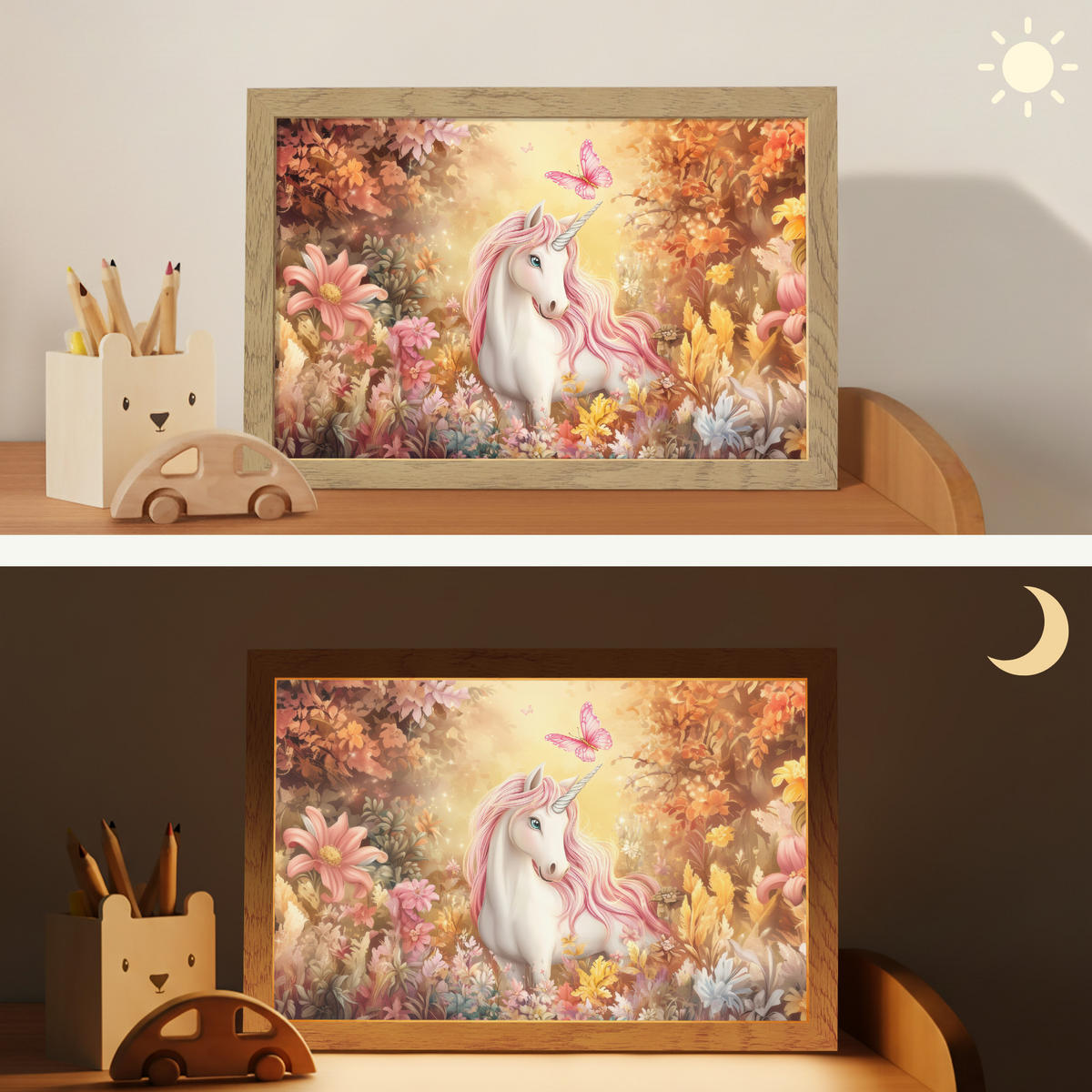 NACHTTISCHLAMPE Einhorn - Blumen - Schmetterling - Rosa 30x20 cm - Beige, Holzwerkstoff (8/30/20cm)
