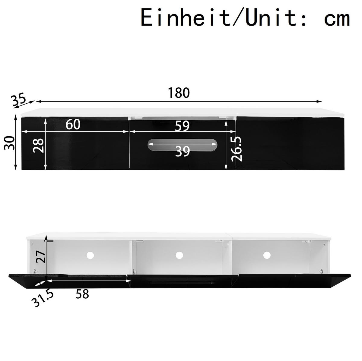 TV-LOWBOARD aus MDF und Spanplatte 180x35x30 cm Schwarz-Weiß mit LED-Beleuchtung - Schwarz, Holzwerkstoff (180/30/35cm) - IVMEU
