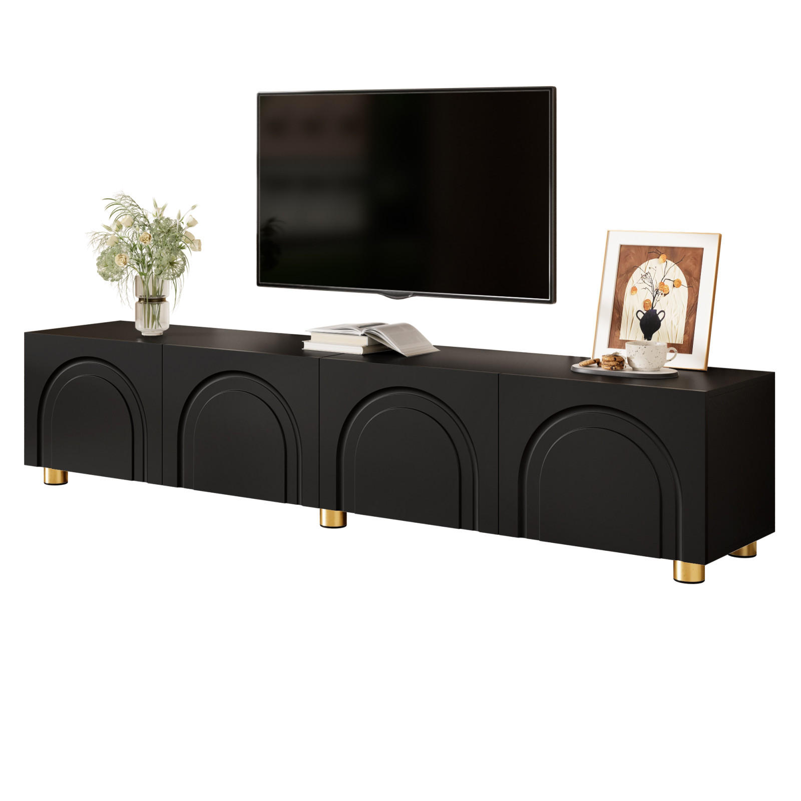 TV-LOWBOARD 180 x 35 x 40 cm, 4 Türen, Relieffront, Metallfüße, Schwarz - Schwarz, Holzwerkstoff (180/40/35cm)