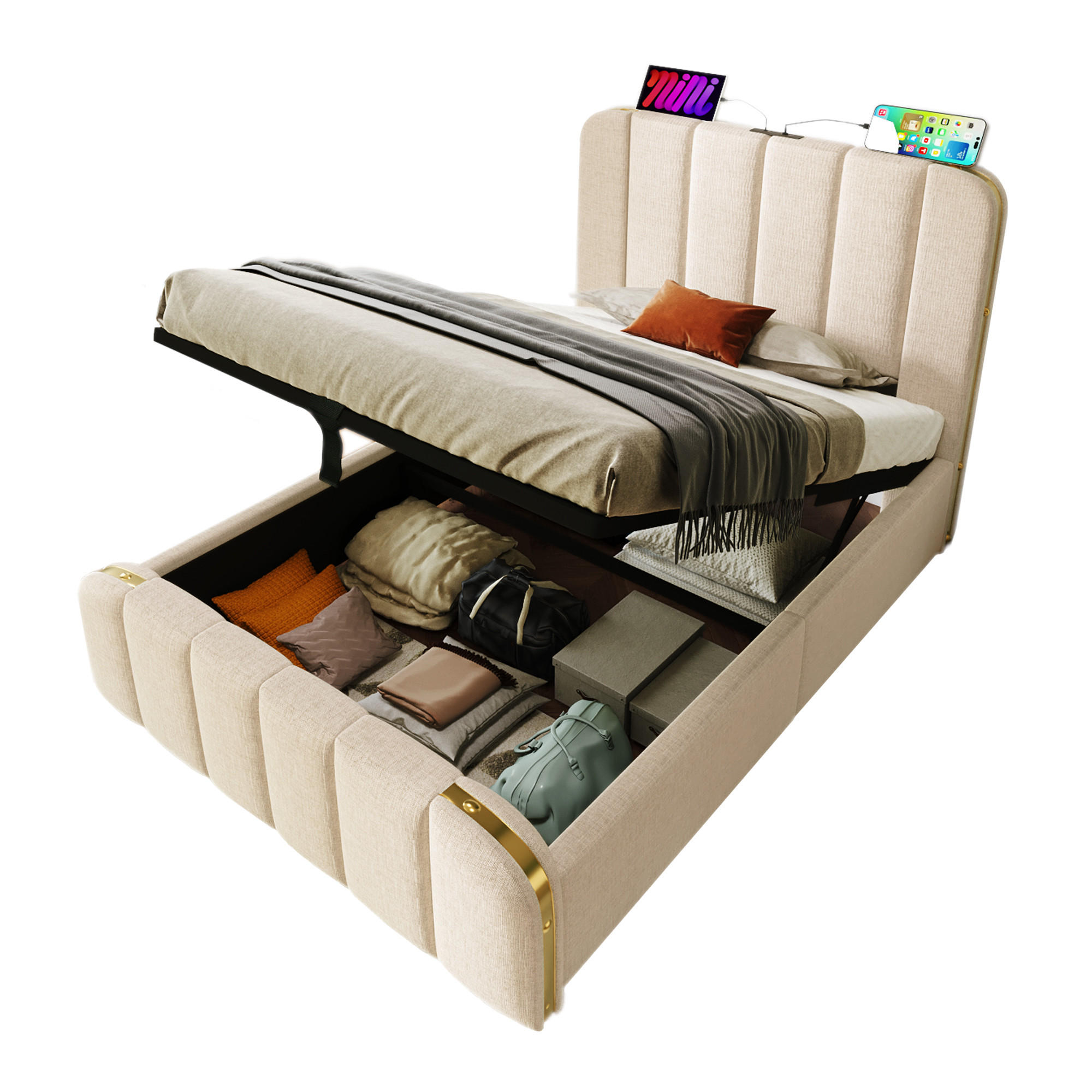 POLSTERBETT 90/200 cm Beige mit hydraulischem Stauraum und USB-anschlüssen - Beige, Textil (90/200cm) - OKWISH