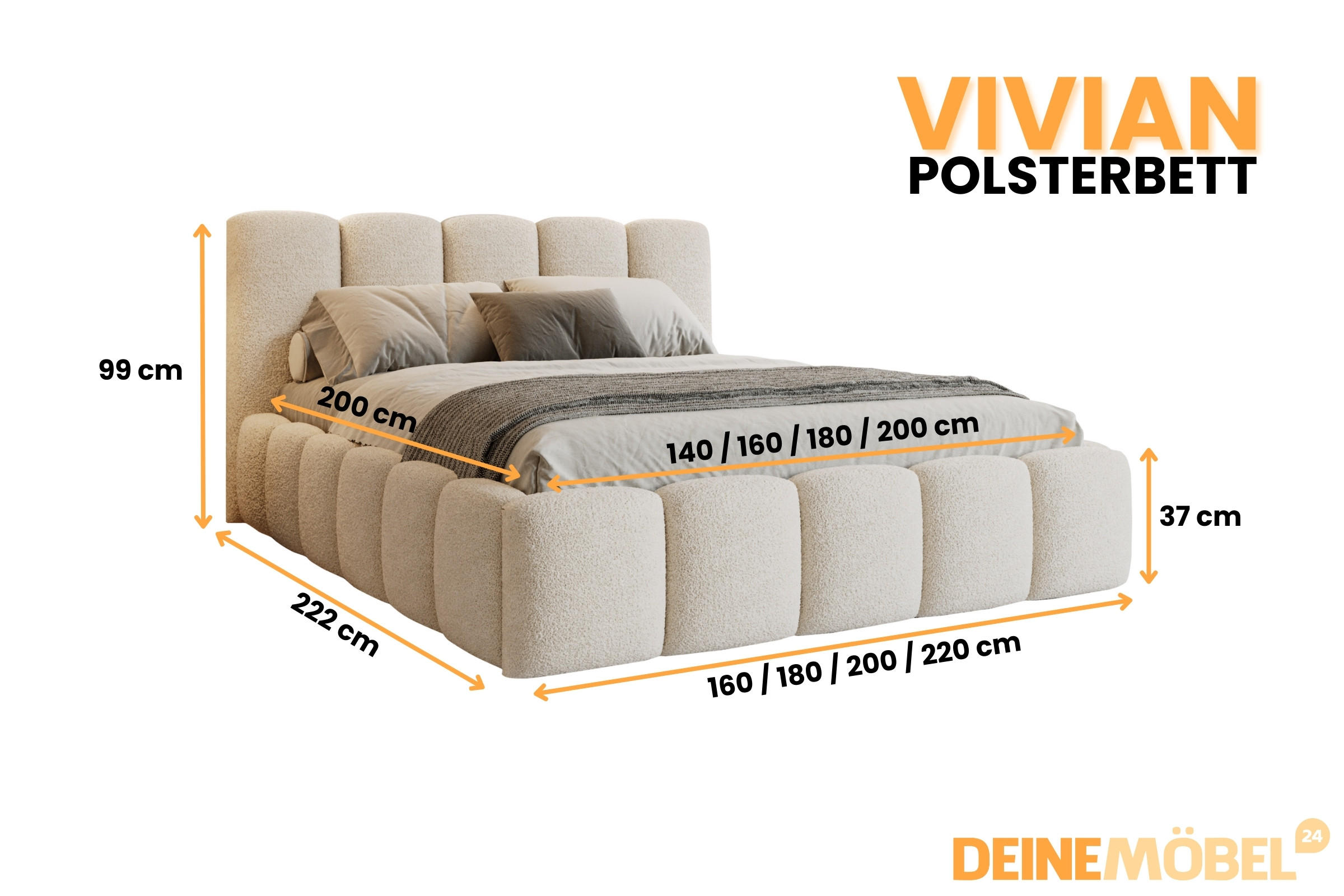 Thumbnail - Deine Möbel 24 Polsterbett, Creme, Holzwerkstoff, Holz, Textil, 140x200 cm, Schlafzimmer, Betten, Polsterbetten