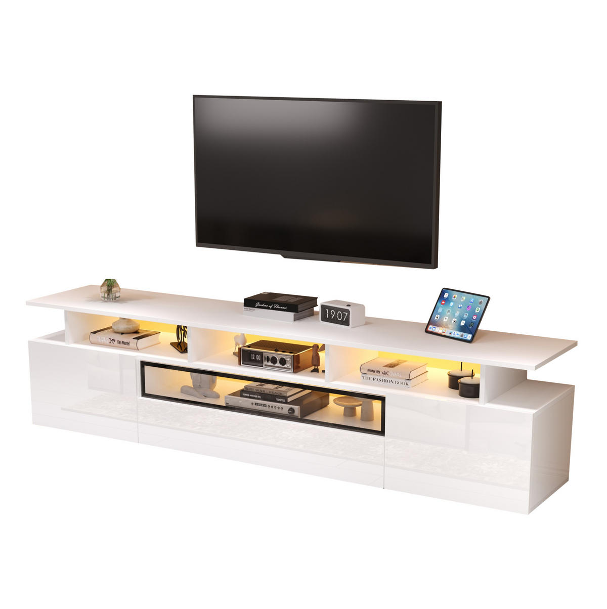 TV-LOWBOARD aus Spanplatte 180x38x45 cm Weiß mit LED-Beleuchtung, 2 Schränken und 1 Schublade - Weiß, Holzwerkstoff (180/45/38cm) - IVMEU