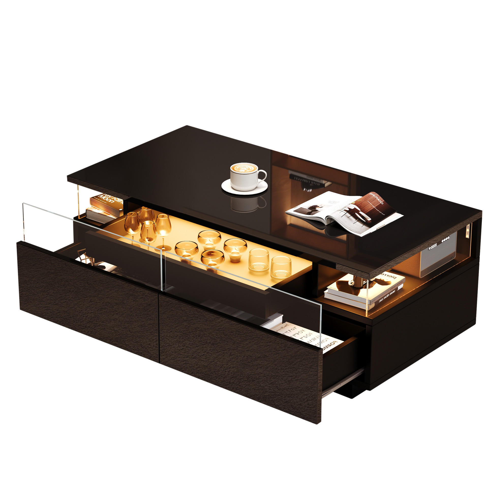 COUCHTISCH 90/45/35.5 cm in Schwarz aus MDF und Glas mit LED-Licht und Stauraum - Schwarz, Holzwerkstoff (90/45/35.5cm) - OKMYHOME