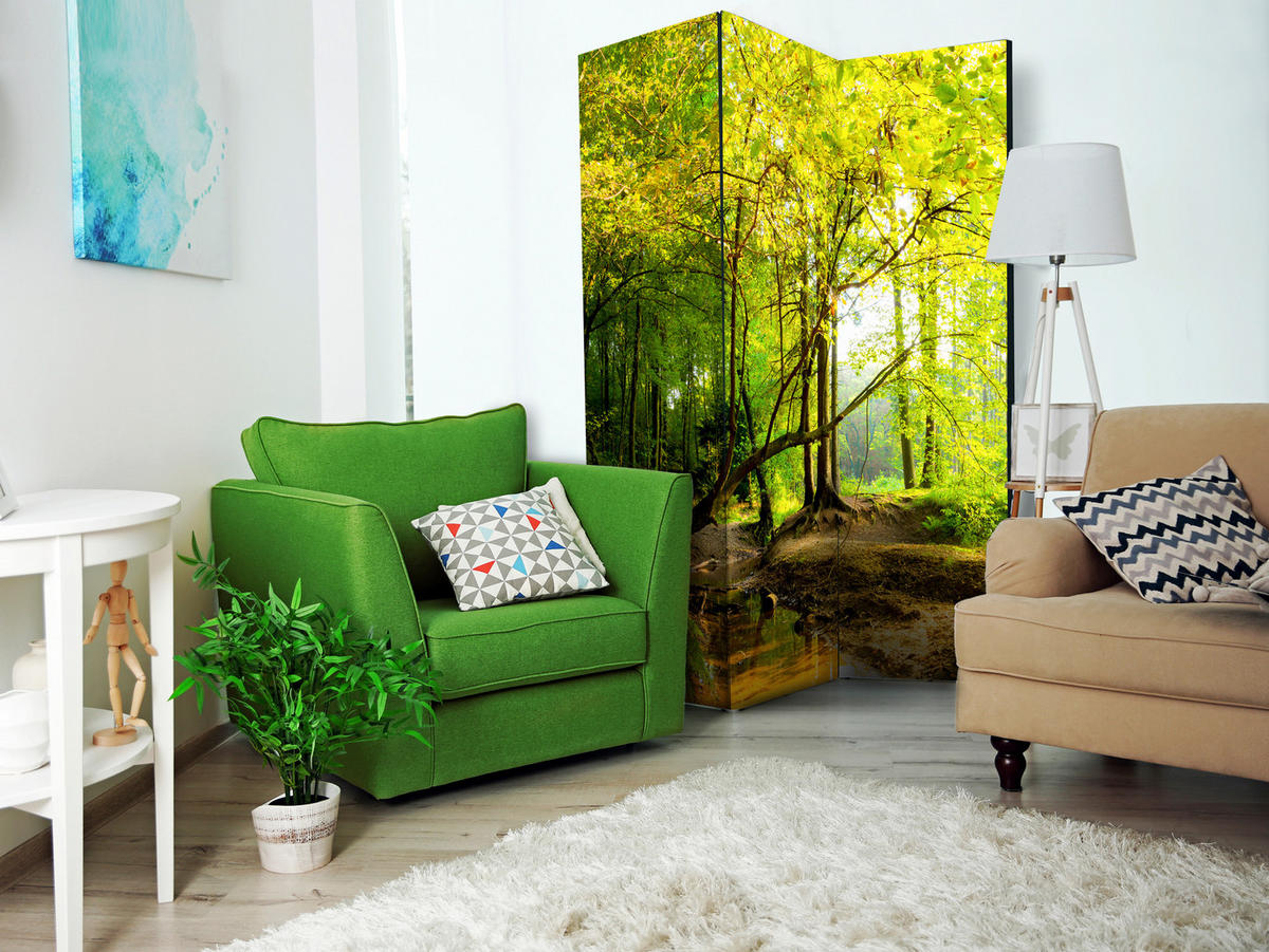 PARAVENT Akustik 3-tlg 135x172 cm Fluss im Wald - Grün, Holz/Textil (135/172/3cm) - Muralo