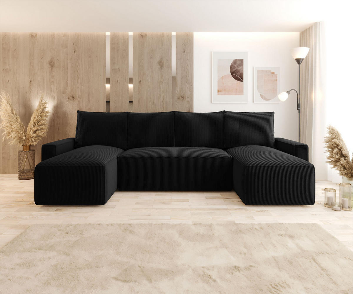 WOHNLANDSCHAFT mit Schlaffunktion SAVIO U Poso 135 - Schwarz, Textil (300/75/140cm) - Bedante