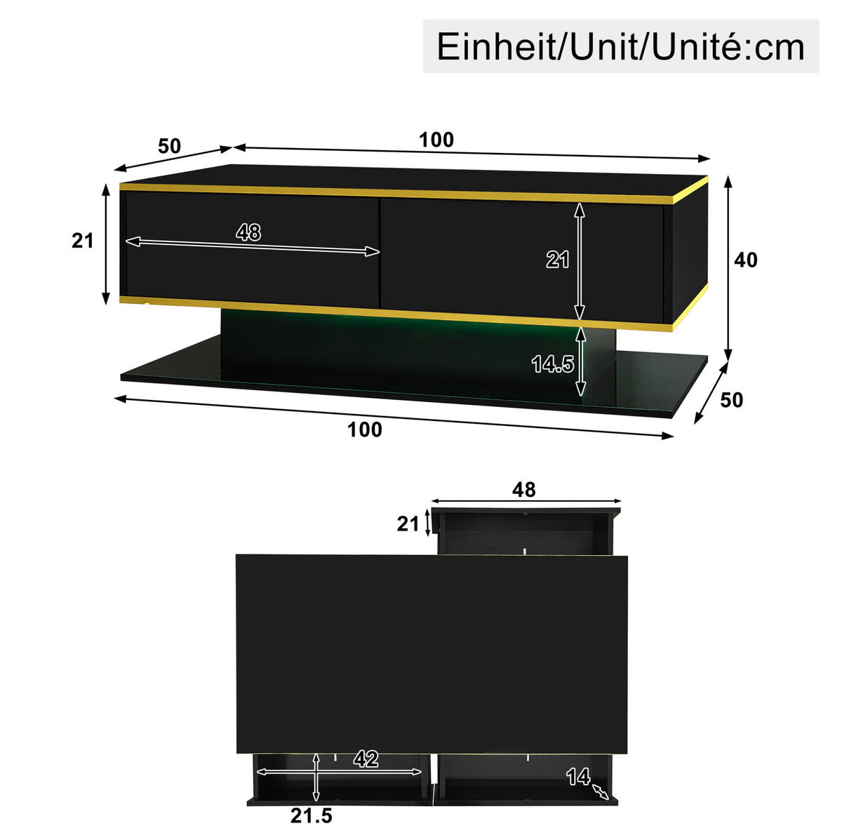 COUCHTISCH 100/50/40 cm mit LED-Beleuchtung, 3 Schubladen und offenem Fach aus Spanplatte, Schwarz/Gold - Schwarz, Holzwerkstoff (100/50/40cm) - Redom