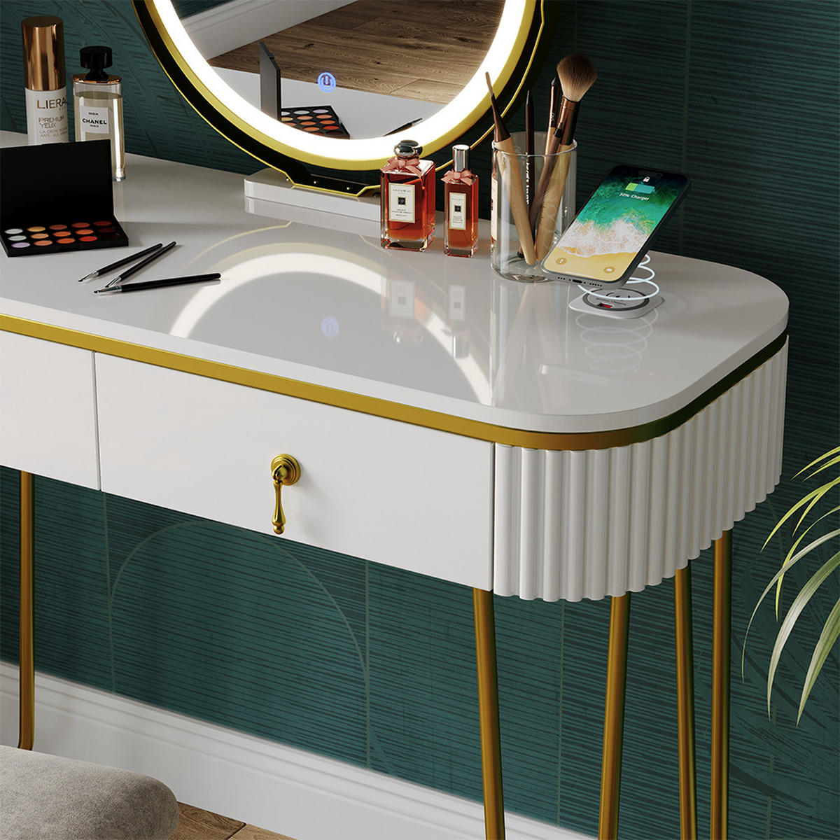 SCHMINKTISCH Grace Weiß 100 cm mit LED-Spiegel QI-Ladestation und Hocker - Weiß Hochglanz, Holzwerkstoff (100/126/40cm) - Vicco