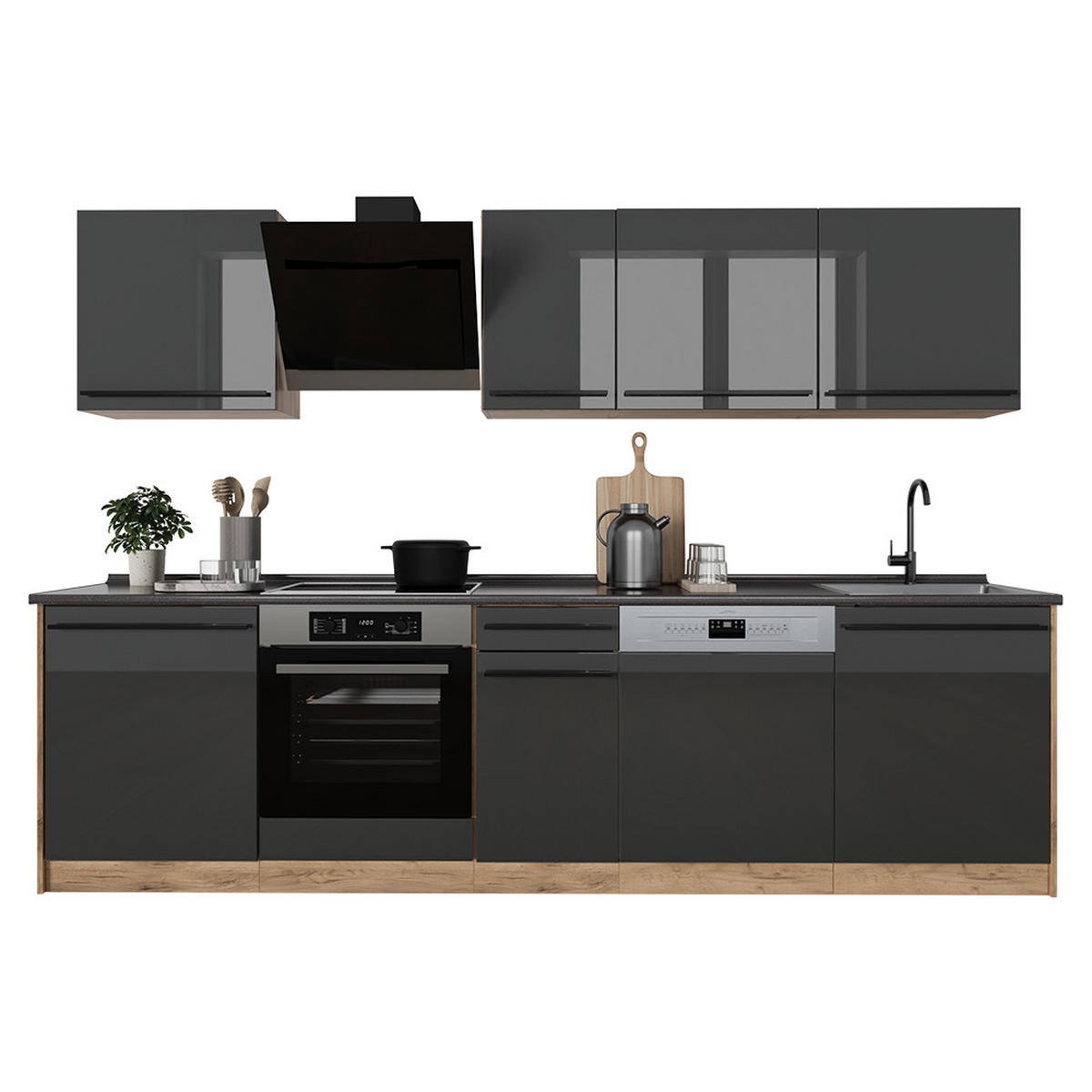 KÜCHENZEILE R-Line, Anthrazit Hochglanz/Goldkraft Eiche, 280 cm Arbeitsplatte Marmor - Honigeiche/Schwarz Hochglanz, Holzwerkstoff (280/206.8/60cm) - Vicco
