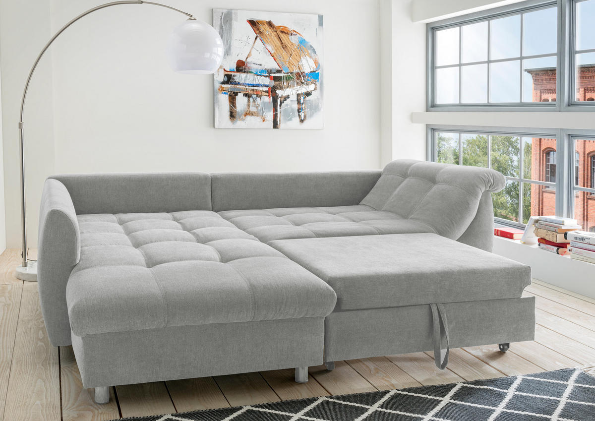ECKSOFA mit Schlaffunktion, Bettkasten, Wellenunterfederung, Ottomane links B250/T190/H84 cm, Liegefl. 179x190 cm, Mikrofaser Grau / 17002 - Chromfarben/Grau, Textil/Metall (250/190cm) - luma-home
