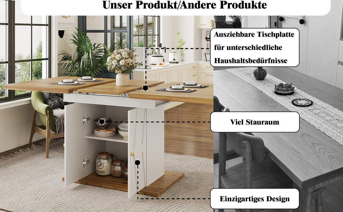 ESSTISCH ausziehbar mit Stauraum, MDF & Metall, 110(140)/70/76,5 cm, Weiß - Weiß, Holzwerkstoff (110/70/76.5cm) - Redom