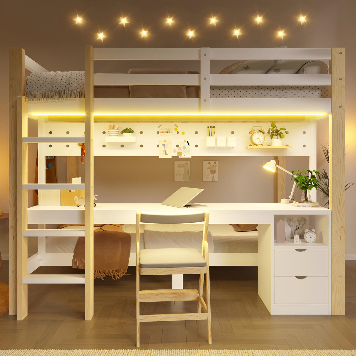 ETAGENBETT 140x200 und 90x200 cm in Weiß/Natur mit Schreibtisch, Schubladen und LED - Weiß, Holz (140/200cm) - IVMEU