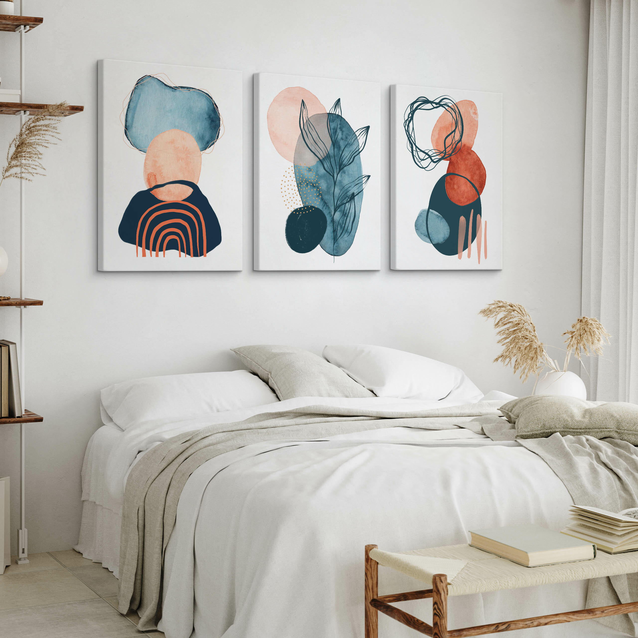 Thumbnail - Muralo Leinwandbilder, Rot, Blau, Schwarz, Weiß, Textil, Abstrakt, Kunstzeichnung, Baum/Pflanze/Natur, Rechteckig, 90x40...