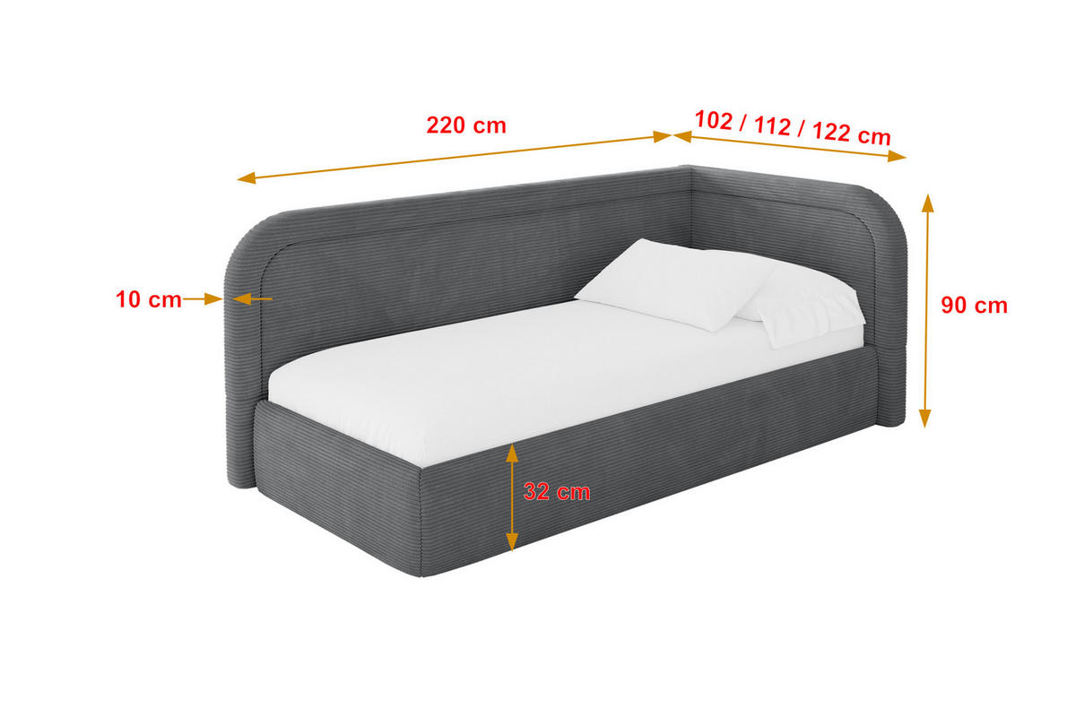 EINZELLBETT Jugendbett mit Bettkasten, Links - JOVY 80x200 Dunkelgrau - Graphitfarben, Holzwerkstoff/Textil (80/200cm) - ALTDECOR