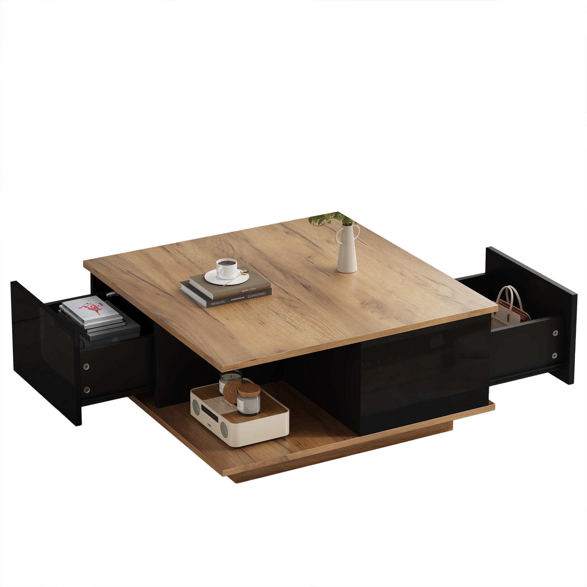 COUCHTISCH 70x70x31,5cm Hochglanz-Wohnzimmertisch mit 3 Schubladen Schwarz-Holz - Schwarz, Holz (81.89/78.74/14.66cm) - Raelunyi