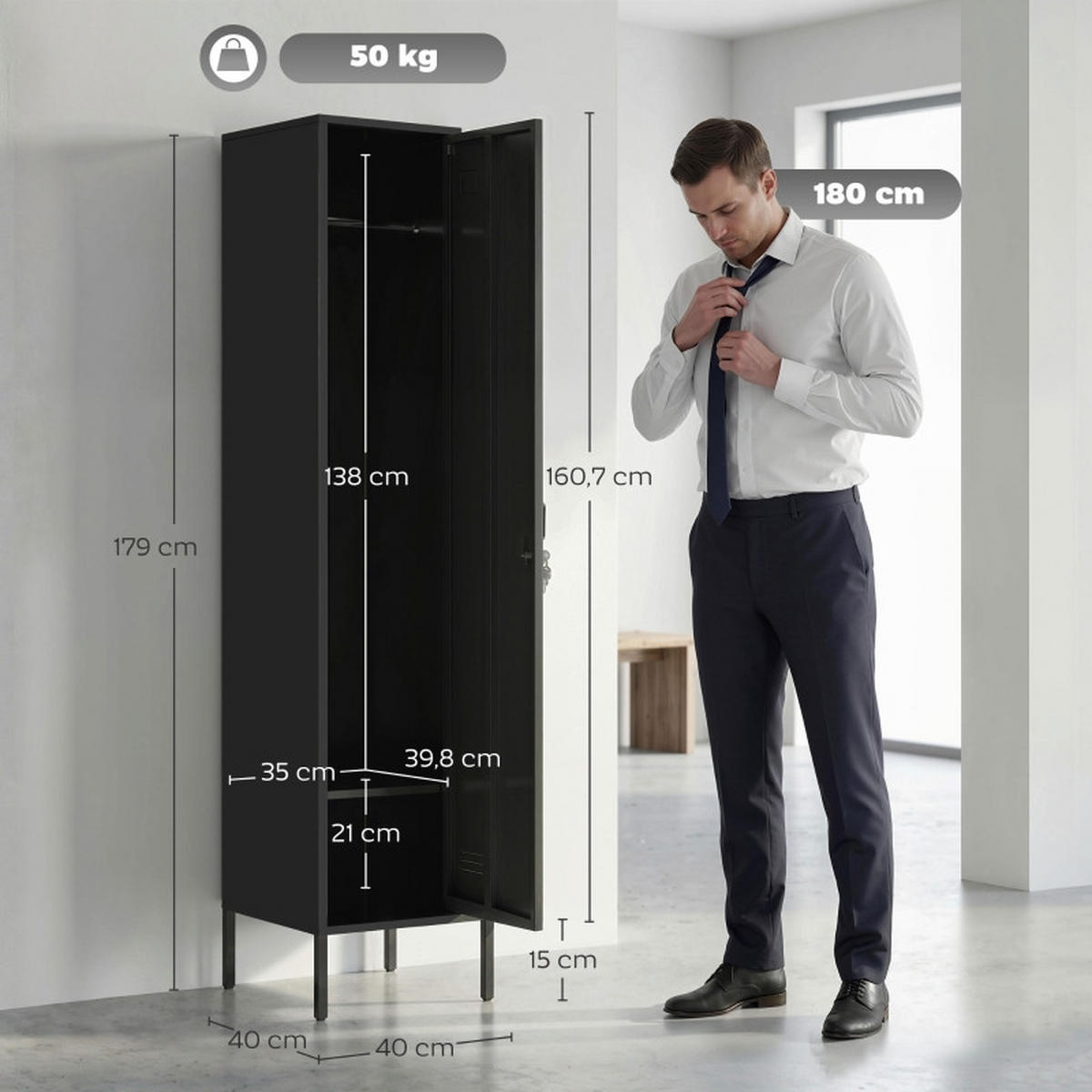 KLEIDERSCHRANK DE-38043 40/40/179 cm mit abschließbarer Tür Schwarz - Schwarz, Metall (40/179/40cm) - ComfortXL