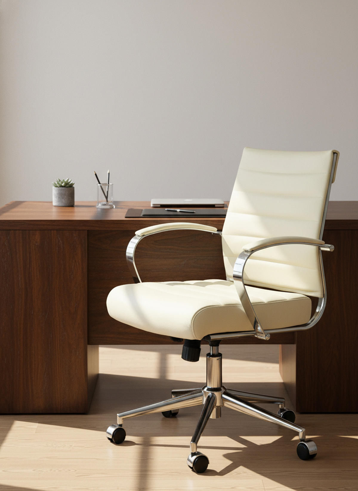 BÜROSTUHL Rynex Echtleder creme - Chromfarben/Creme, Leder/Metall (57/100/62cm) - TPFLiving