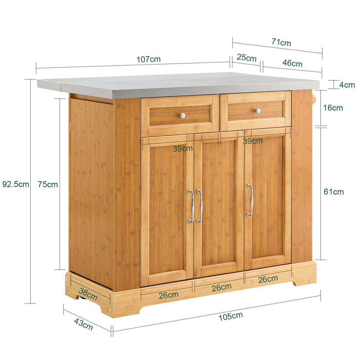 KÜCHENINSEL auf Rollen, Bambus, 107x92,5x(46–71) cm - Naturfarben, Holz/Holzwerkstoff (107/92.5/71cm) - SoBuy