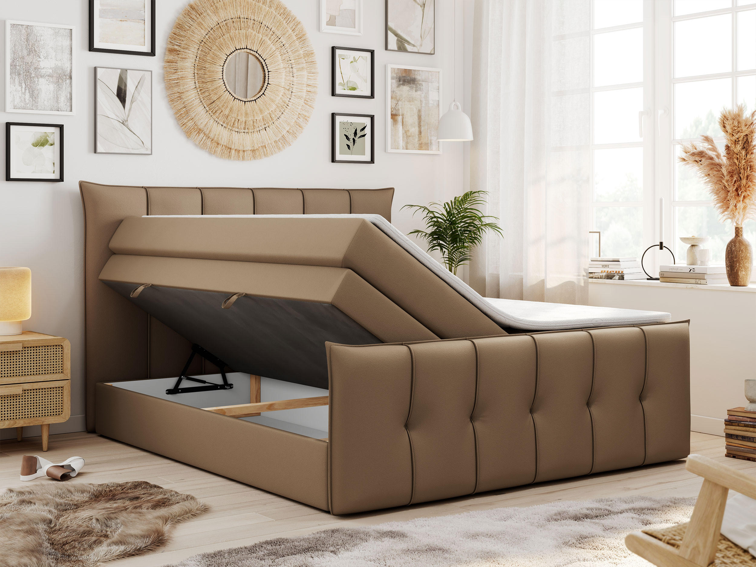 Thumbnail - MKS Boxspringbett, Braun, Textil, 2-Sitzer, H3, Rechteckig, 200x200 cm, Schlafzimmer, Betten, Boxspringbetten