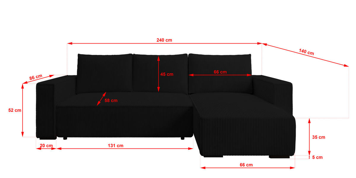 ECKSOFA CUDDY L, Eckcouch in L-Form mit Schlaffunktion und Bettkasten, Farbe: Schwarz, Cordstoff, Ottomane Rechts - Schwarz, Textil (240/140cm) - Storez24