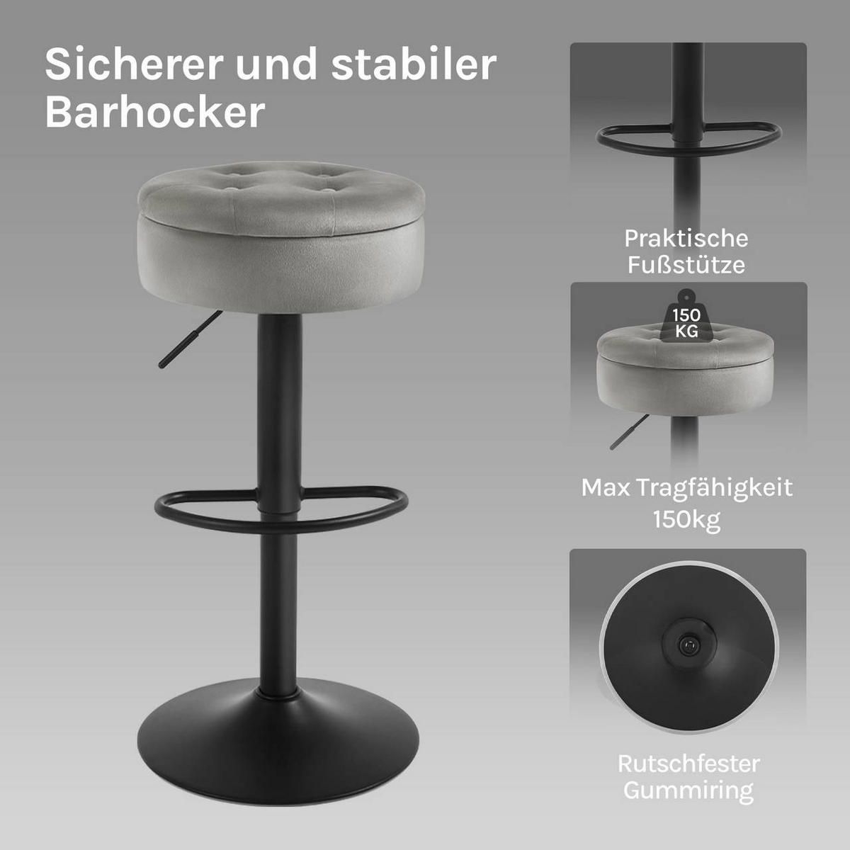 BARHOCKER 4er Set, drehbar, Samt, Hellgrau - Hellgrau/Schwarz, Textil/Metall (39/60.5/39cm) - Woltu