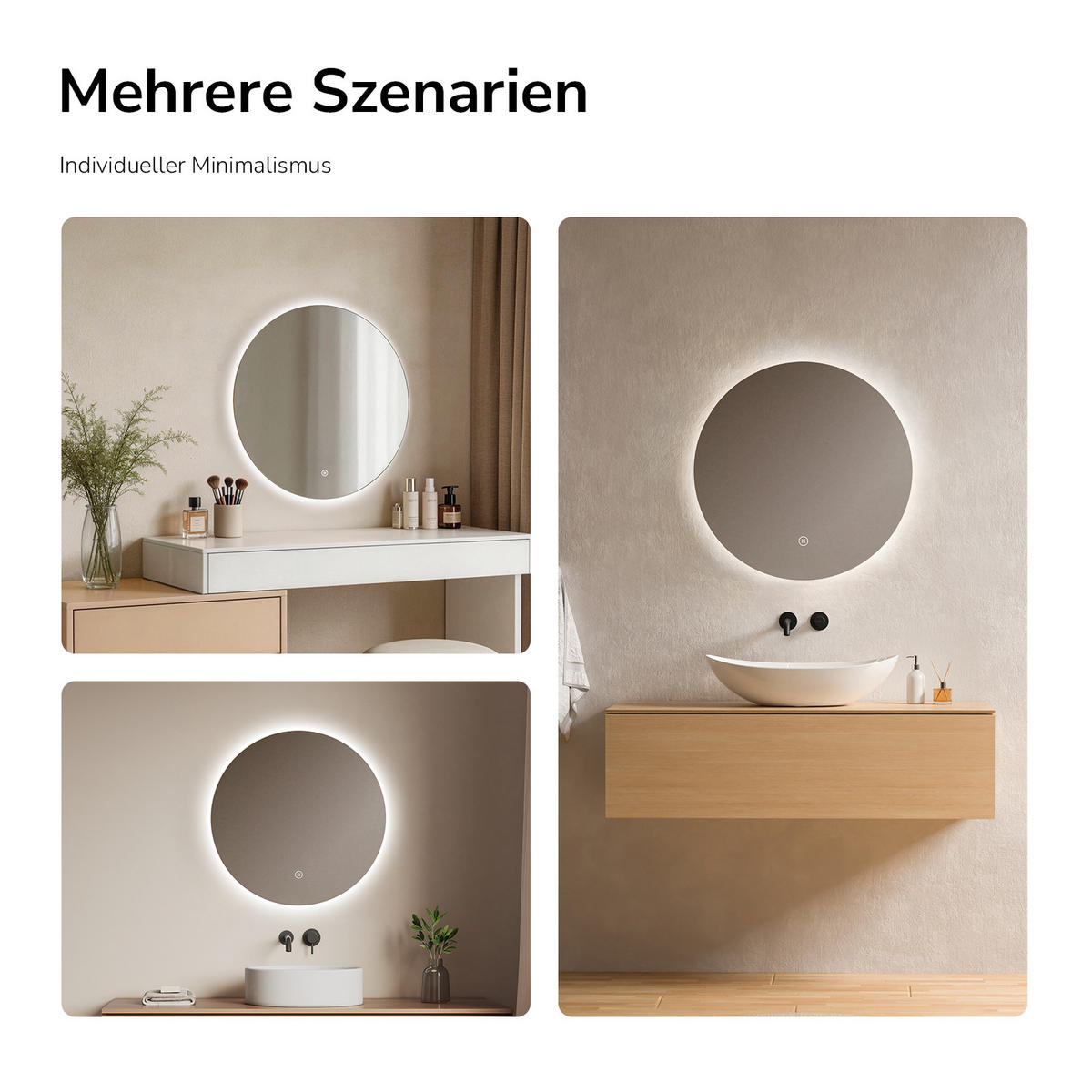 BADSPIEGEL Rund mit Beleuchtung Rahmenlos, Kaltweißes Licht, beschlagfrei, Ø 50 cm - Weiß, Glas (50/3/50cm) - EMKE