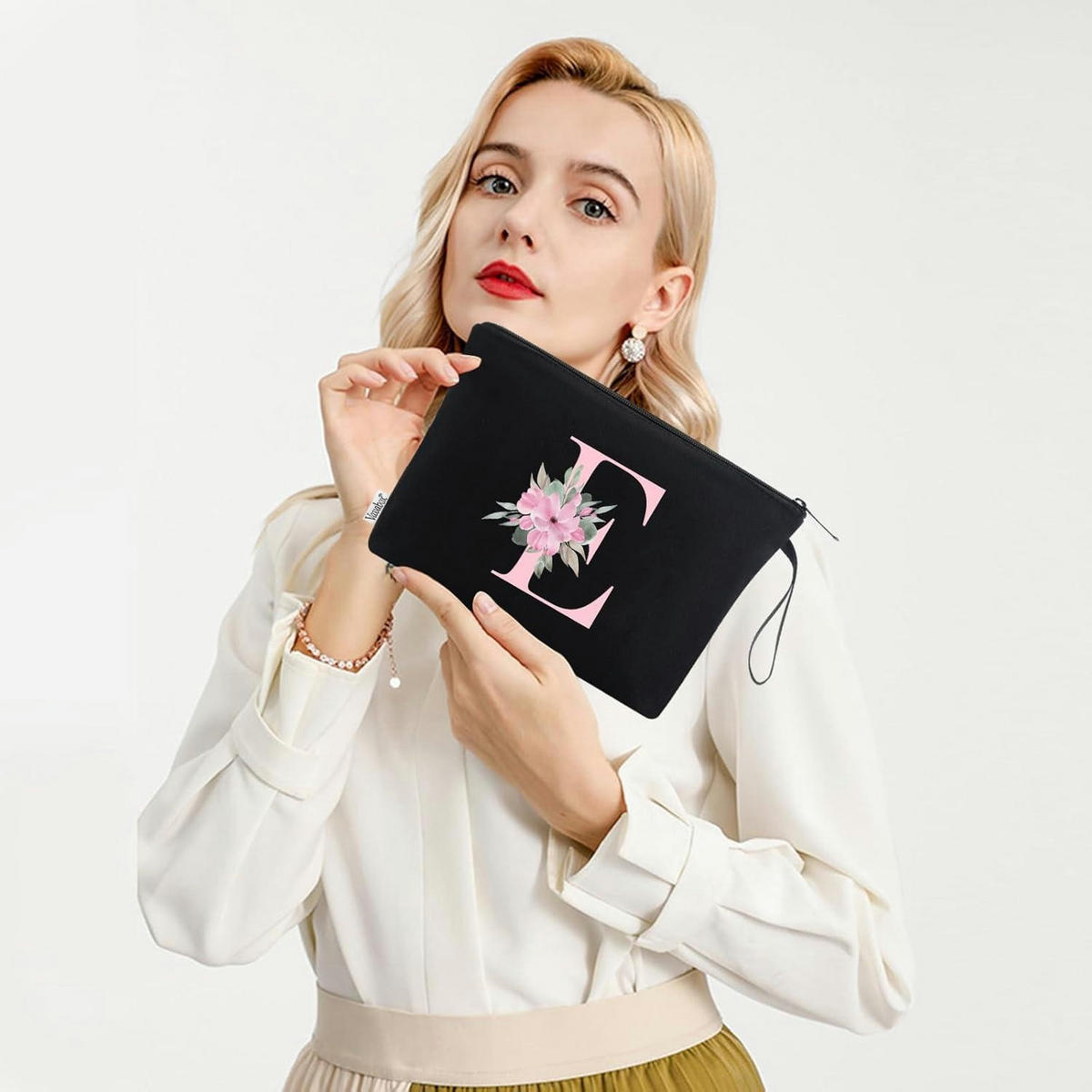 KOSMETIKTASCHE mit Initialen E Schwarz - Schwarz, Textil (16/5/24cm)