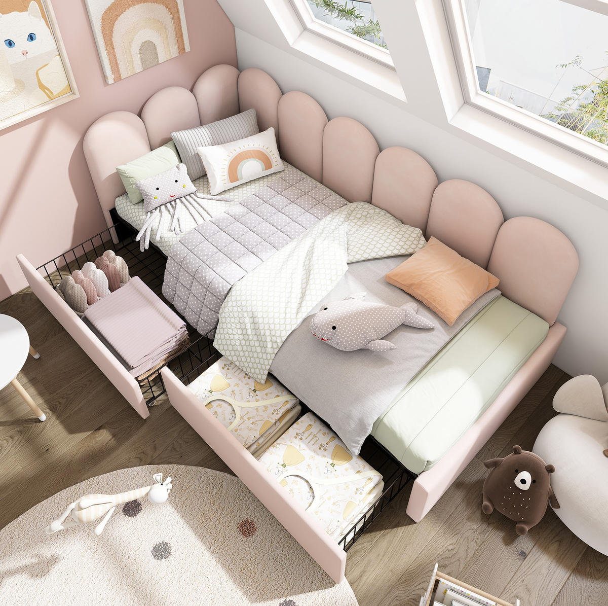 POLSTERBETT 90/200 cm Rosa aus Samt mit 2 Schubladen - Rosa, Textil (90/200cm) - OKMYHOME