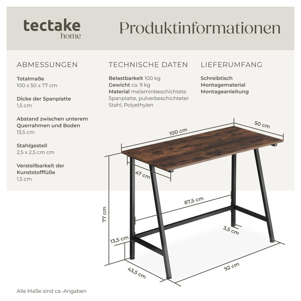 SCHREIBTISCH Newton,100 x 50 x 77 cm,Industrial Holz dunkel, rustikal - Rostfarben, Holzwerkstoff (100/50/77cm) - tectake