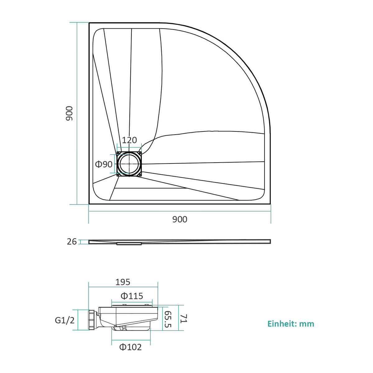 DUSCHWANNE Viertelkreis mit rutschhemmender Oberfläche Weiß 90/90 cm - Weiß, Naturmaterialien (90/2.6/90cm) - EMKE