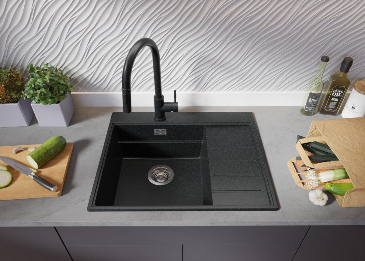 SPÜLBECKEN Sydney, 2-er set Anthrazit 62/50 cm 1 Becken + Ablauf-Set + Küchenzubehörset ab 45er Unterschrank - Chromfarben/Anthrazit, Kunststoff (62/20/50cm) - Primagran