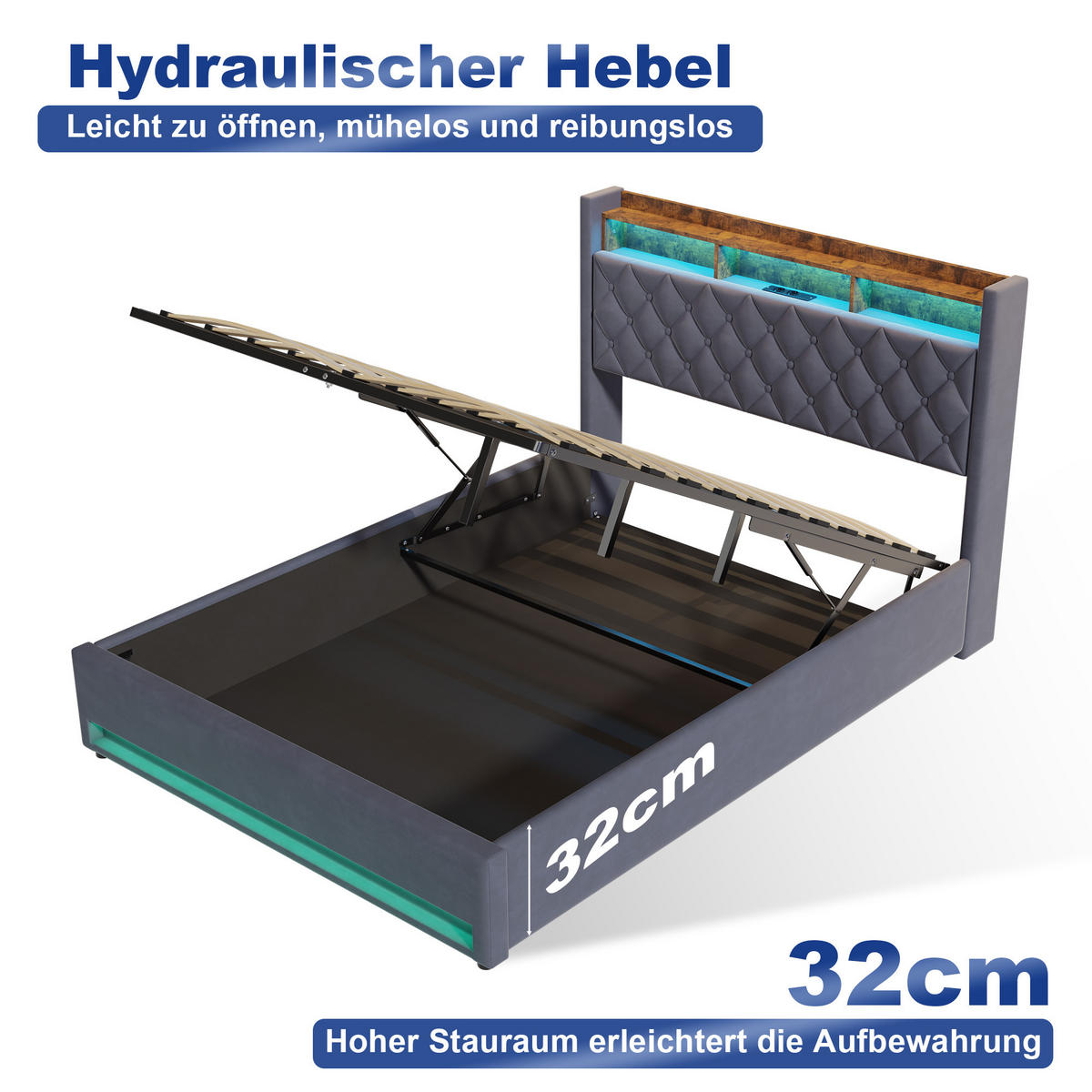 POLSTERBETT 160/200 cm in Grau, Samt, mit Bettkasten, USB, LED, ohne Matratze - Grau, Holzwerkstoff/Textil (160/200cm) - WISHDOR