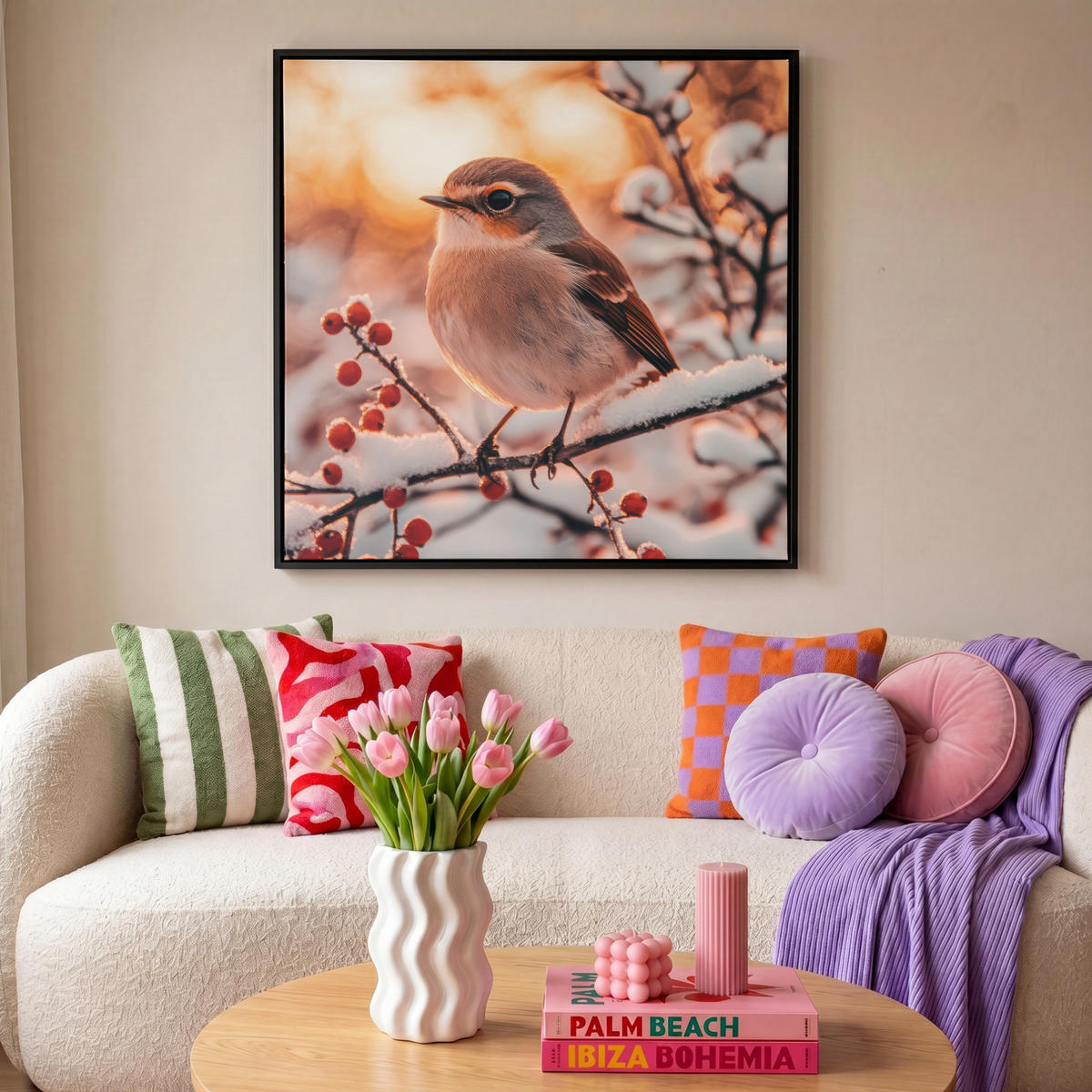 LEINWAND Bilder mit Rahmen - Vogel - Zweig - Winter - Tiere - Schnee - 90x90 - Bernsteinfarben, Textil (90/90cm) - MuchoWow