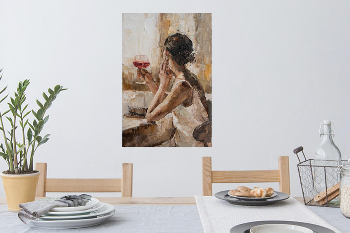 WANDTATTOO Ölgemälde - Frau - Wein 40x60 cm - Hellbraun, Kunststoff (40/60/0.1cm) - MuchoWow
