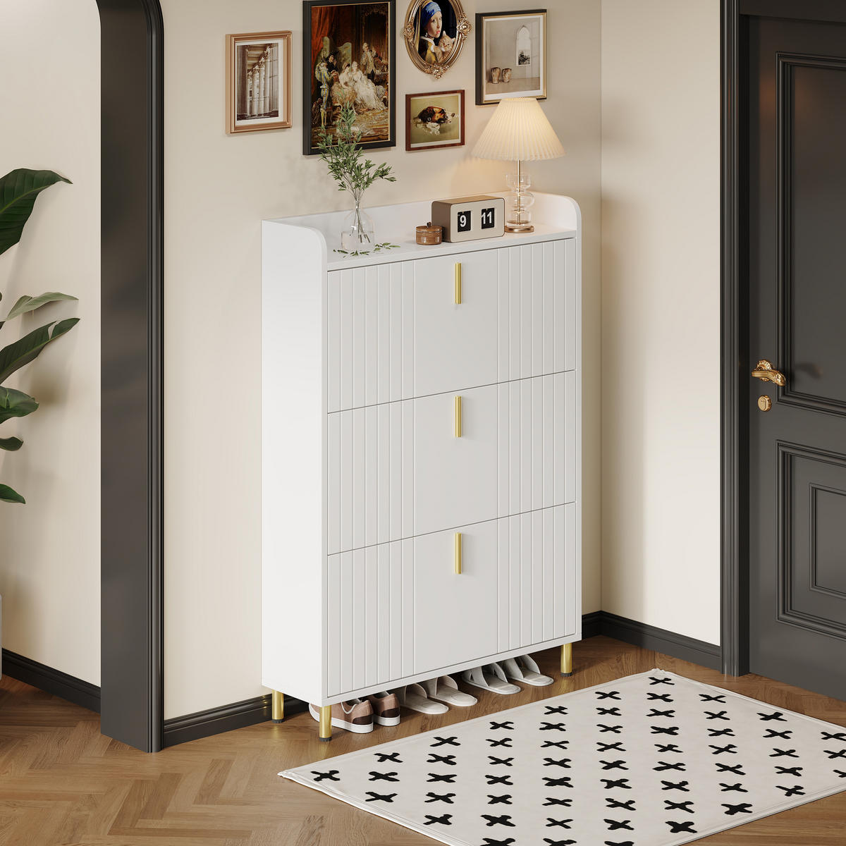 SCHUHSCHRANK Weiß 3 Klappen 6 Fächer 80x23.5x123.5cm schmal - Weiß, Holzwerkstoff (23.5/123.5/80cm) - FLIEKS