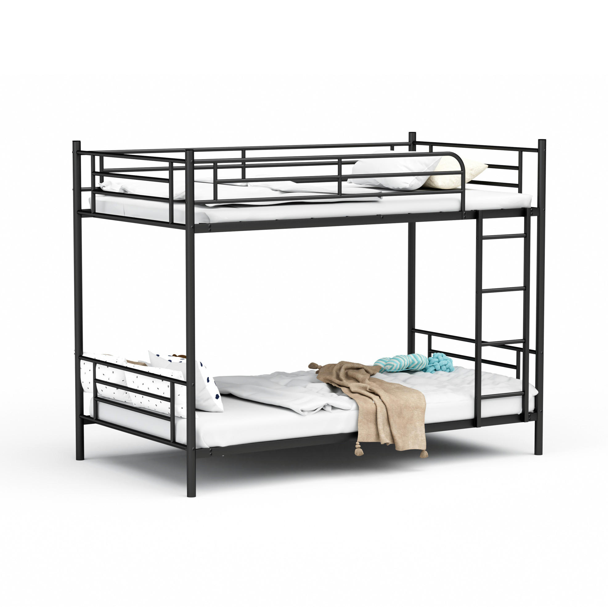 ETAGENBETT Stahl 90x190 cm Schwarz mit Leiter und hohem Geländer platzsparend - Schwarz, Metall (90/190cm) - Modfu