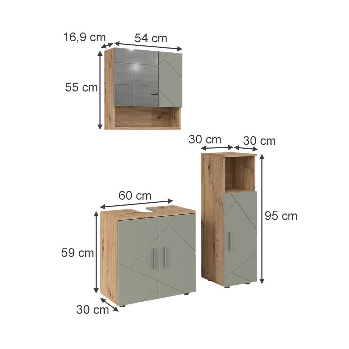 BADMÖBEL-SET Irma Salbeigrün 3 Teile - Salbeigrün, Holzwerkstoff (60/59/30cm) - Vicco