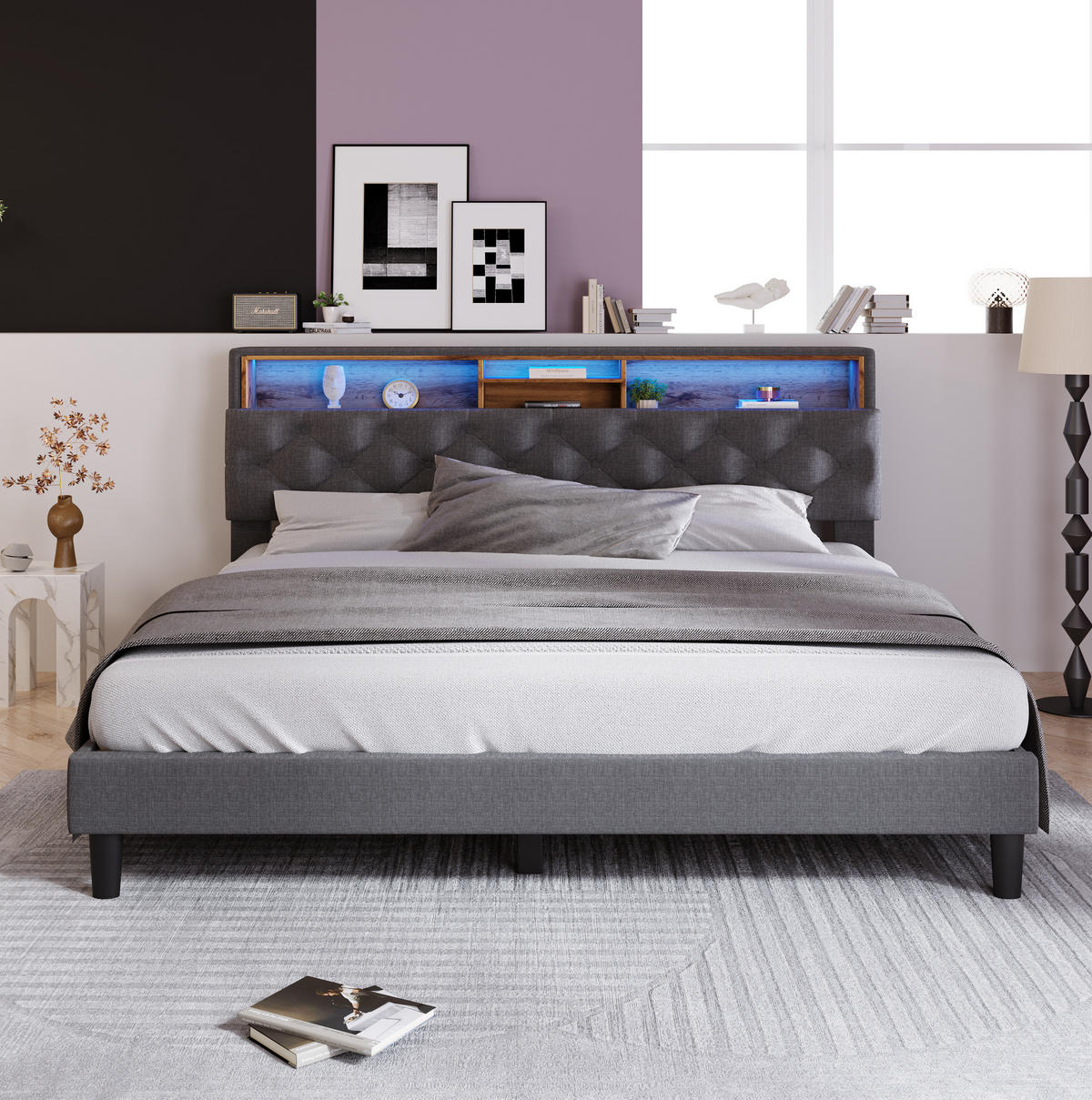 TAPECIRANI krevet 140/200 cm s LED osvjetljenjem, uzglavljem s pretincima i madracem, Siva - siva, drvo (140/140cm) - Redom