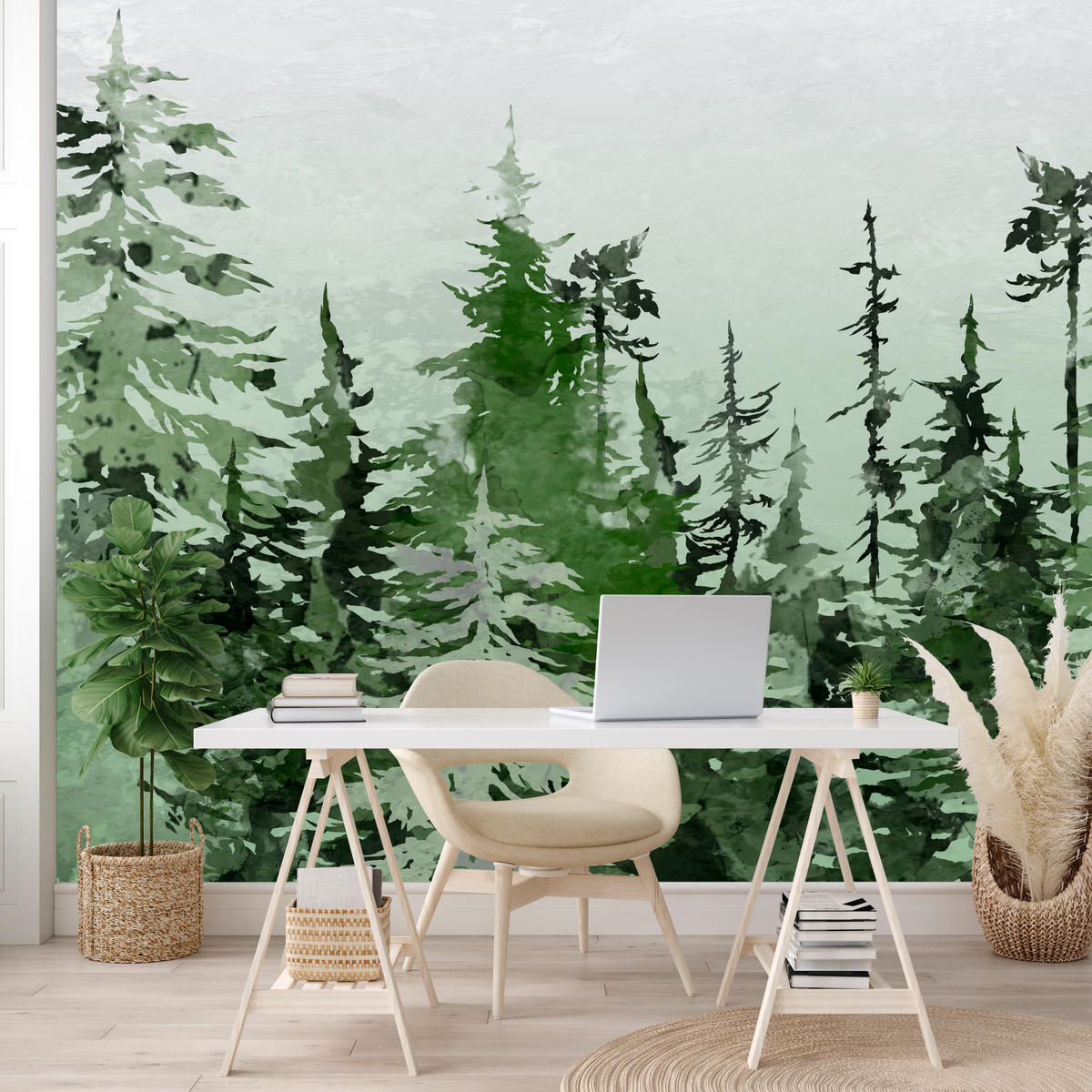 FOTOTAPETE für Schlafzimmer Grüner Nadelwald Aquarell Bäume Natur Landschaft 150x105 - Weiß/Grau, Papier (150/105cm) - Muralo