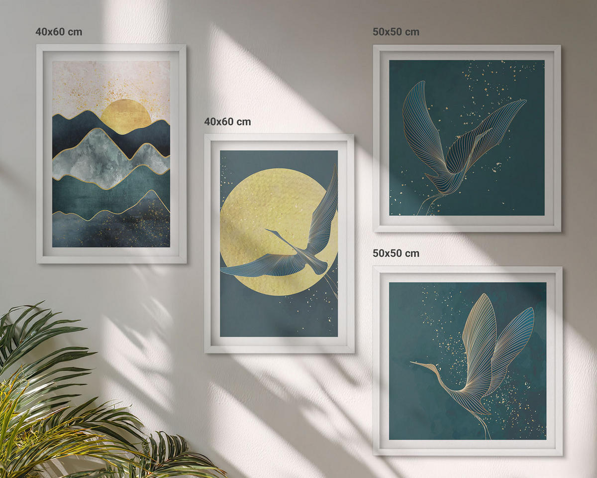 WANDBILDER 4er-Set - 50x50 cm & 40x60 cm Weißer Rahmen - Vögel, Kraniche, Mond, Berge - Weiß, Kunststoff (50/50cm) - ArtPrintCave