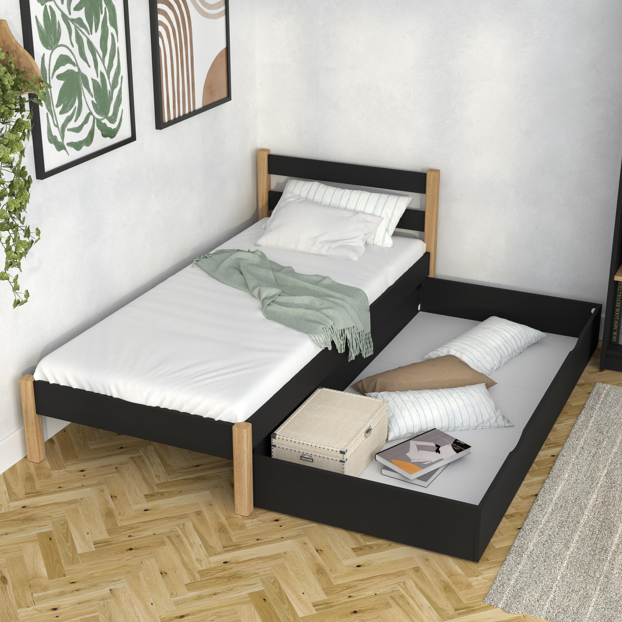 BETT mit Schublade N01 Schwarz / Eiche Natur 100/180 - Schwarz/Eiche Artisan, Naturmaterialien/Holz (100/180cm) - N-Wood