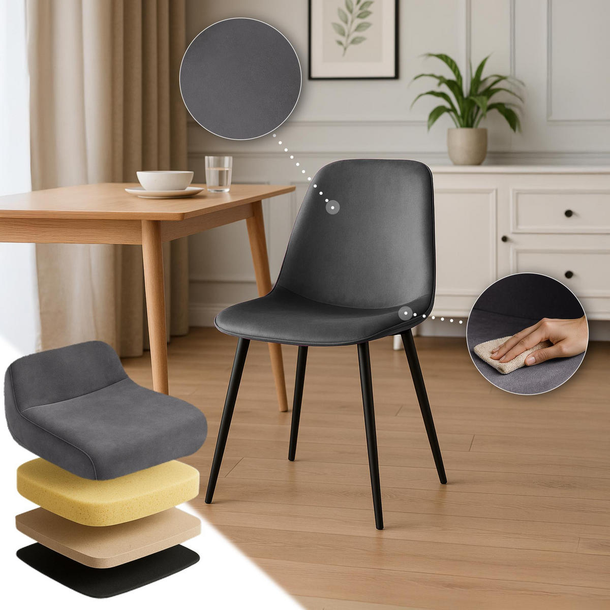ESSZIMMERSTUHL 4er Set Samt Dunkelgrau - Dunkelgrau/Schwarz, Textil/Metall (45/88/54cm) - CLP