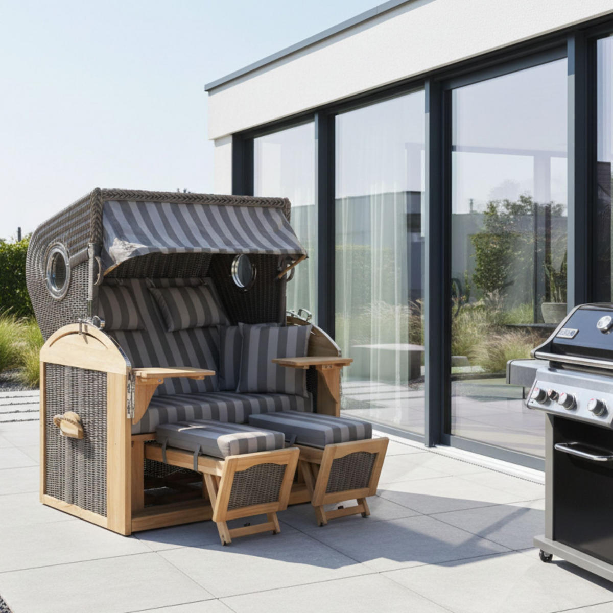 STRANDKORB Komplettset Schillig XL Teak Bullauge PE Grey Dessin 537 - Braun/Grau, Naturmaterialien/Metall (142/170/95cm) - Mr. Deko