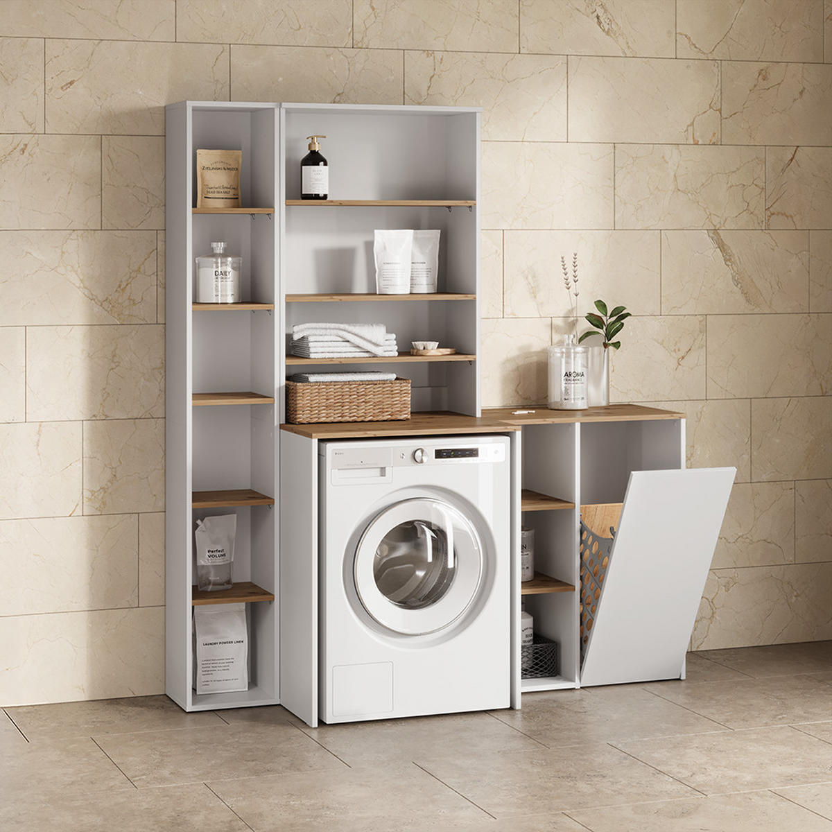 WASCHMASCHINENSCHRANK Paolina Weiß/Artisan 66 x 88.2 cm 2 Teile mit Regal - Weiß/Eiche Artisan, Holzwerkstoff (66/88.2/60cm) - Livinity®