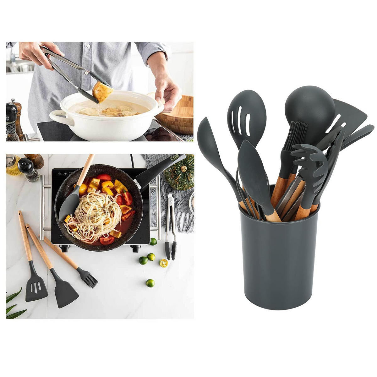 KÜCHENHELFER-SET, 12-teilig, Silikon, Buchenholz, hitzebeständig, BPA-frei, mit Behälter - Schwarz, Metall - PARAFTA HOME