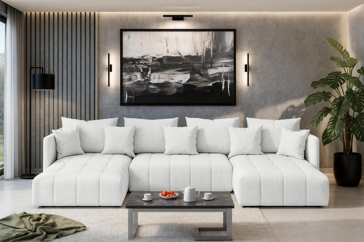 WOHNLANDSCHAFT Veliro U Weiß 353/180/83 cm mit Schlaffunktion und Bettkasten - Schwarz/Weiß, Kunststoff/Textil (353/83/180cm) - AX Living