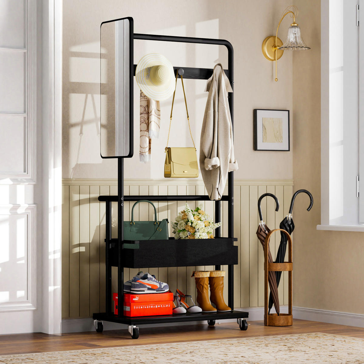 STANDGARDEROBE 70/40/170 cm mit Spiegel, Kleiderstange und Schuhablage in Schwarz - Schwarz, Holzwerkstoff (70/170/40cm) - BEAOK