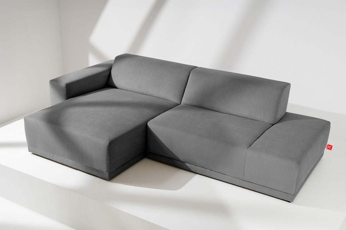 ECKSOFA-LINKS MUDI in moderner Optik mit hochwertigem Kaltschaum, Cord-Stoff, grau - Schwarz/Grau, Textil (280/160cm) - KONSIMO®