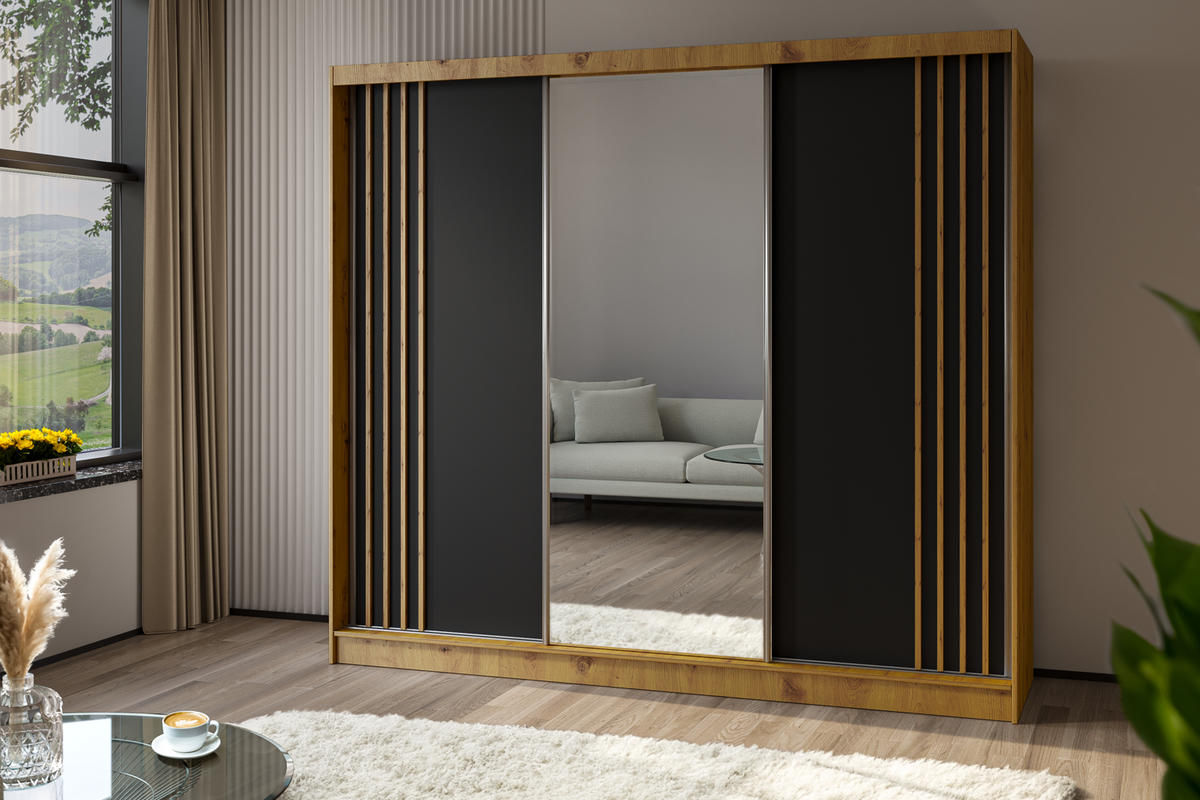 SCHWEBETÜRENSCHRANK Neli 240 cm mit Lamellen und Spiegel 3-türig, Artisan, schwarz, Lamelle Artisan - Schwarz/Braun, Kunststoff (240/216/61cm) - Margaret Hadas24